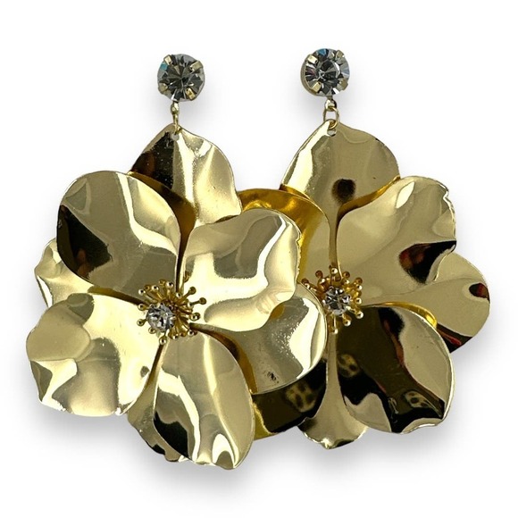Chunky Large Flower Dangle Fashion Earrings Gold Plated Pierced - Picture 2 of 7